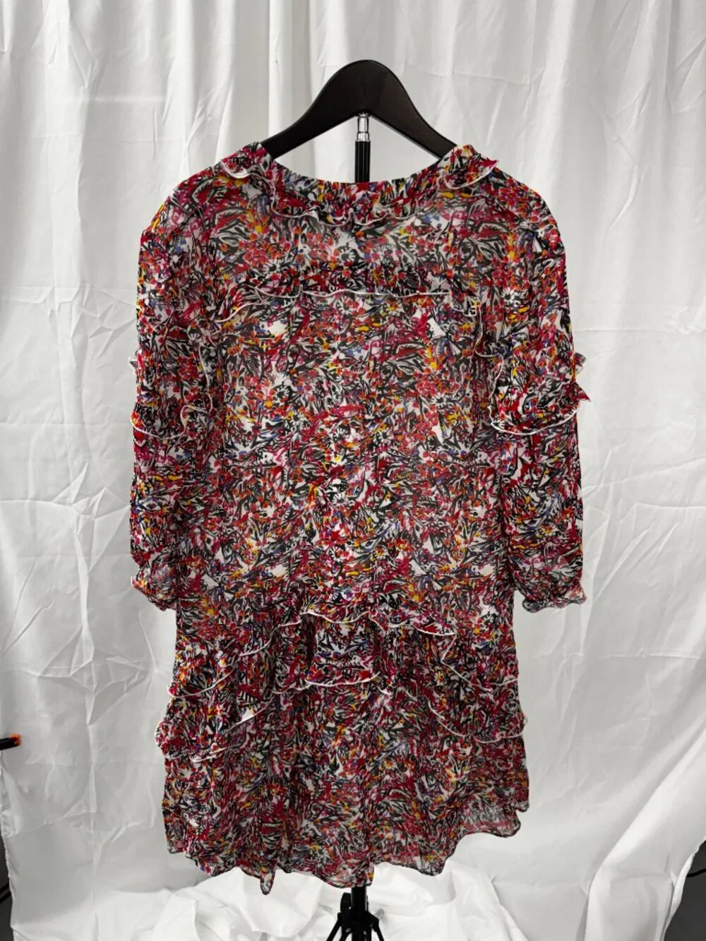 SALONI Tilly Silk Ruffled Mini Dress Pink White Floral 100% Silk Sz 8 - Picture 7 of 16
